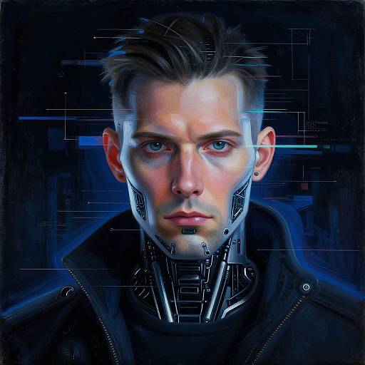 Digital portrait of a young man with cybernetic enhancements, glowing blue lines on his face, intense blue eyes, dark background, futuristic style.