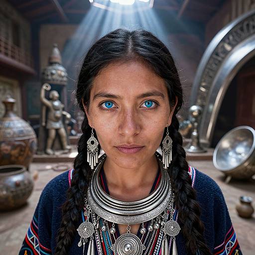 Photograph of a young Indigenous woman with striking blue eyes, black braided hair, and intricate silver jewelry, set in a dimly lit, rustic