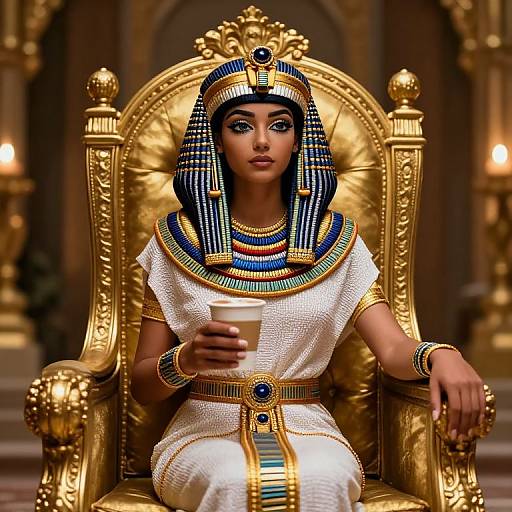 Cleopatra Holding Cappuccino on Golden Throne