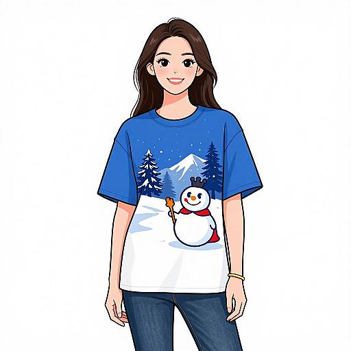 Digital illustration of a smiling woman with long brown hair, wearing a blue winter-themed T-shirt with a snowman, and dark jeans, against a white