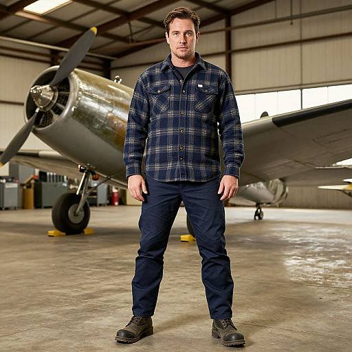 Photograph of a serious-looking man in a blue plaid shirt and dark pants standing in an airplane hangar with a vintage aircraft in the background.