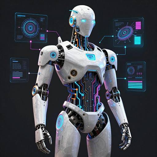 CGI image of a white, humanoid robot with glowing blue and purple circuitry against a dark background, surrounded by holographic interface screens.
