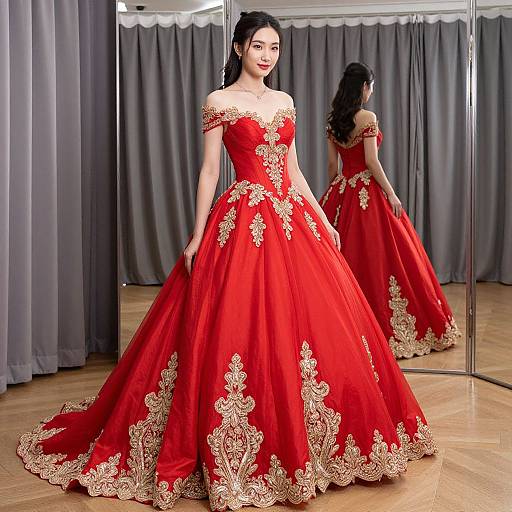 Photograph of an Asian woman with long black hair, wearing a vibrant red, off-shoulder, full-skirted gown with gold floral embroidery