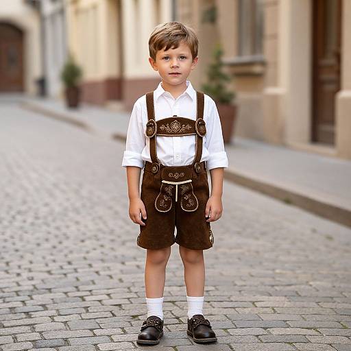 Photograph of a young boy in white shirt, brown leather shorts with suspenders, white socks, black shoes, standing on a cobblestone street