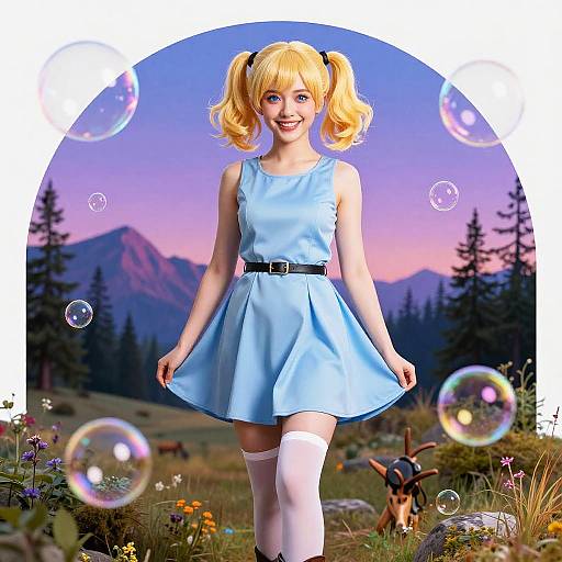 Digital artwork of a smiling blonde girl in blue dress, white thigh-highs, twintails, surrounded by bubbles, forest, mountains at sunset.