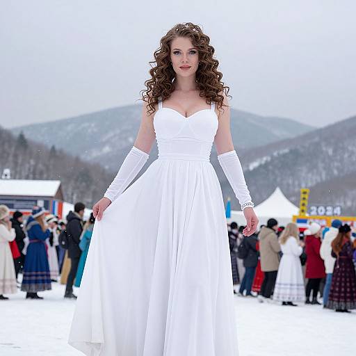Photograph of a curly-haired woman in a white, strapless, floor-length gown with long white gloves, walking confidently on a snowy outdoor event,