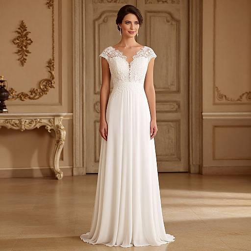 Photograph of a smiling woman in a white lace-trimmed, V-neck, floor-length wedding gown, standing in an elegant, ornate room