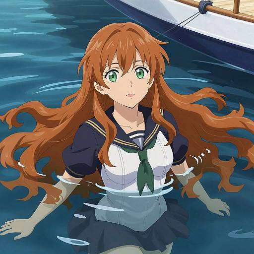 Anime-style digital illustration of a red-haired girl with green eyes, wearing a white and navy school uniform, floating in dark blue water with a boat in