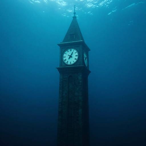 Photograph of an underwater clock tower with a blue-tinted, cloudy background, showing the clock face illuminated against the deep blue.