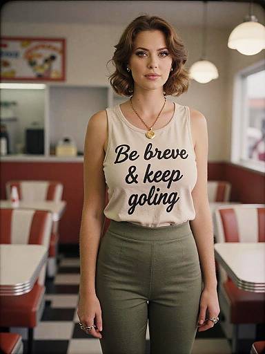 Photograph of a woman with short brown hair in a retro diner, wearing a white sleeveless top with 