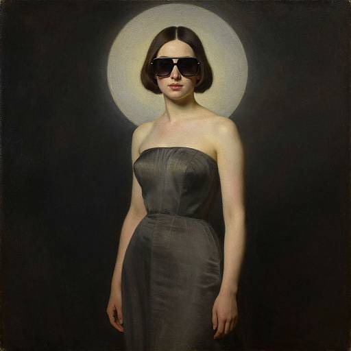 Photograph of a pale-skinned woman with short brown hair, wearing a strapless black satin dress and large black sunglasses, standing against a dark background