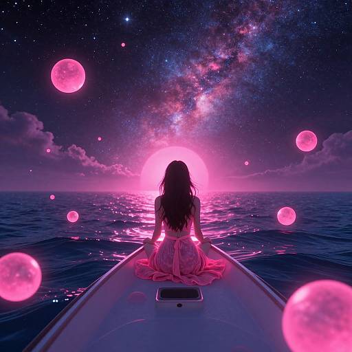 Digital art: Silhouetted woman in pink dress sits on boat, facing glowing pink sun and starry, cosmic sky with floating pink moons.