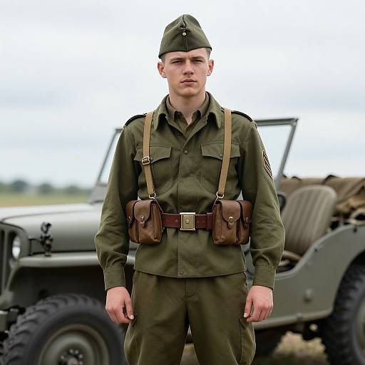 WWII Sergeant Soldier with Vintage Jeep