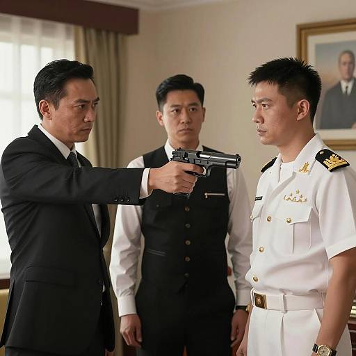 Man in Suit Pointing Gun at Naval Officer