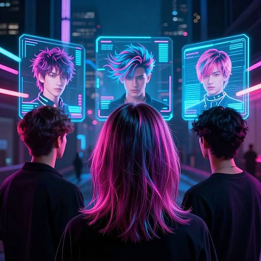 Neon-lit cyberpunk scene: four digital holograms of young men with glowing blue and pink hair, viewed by four people with backlit pink