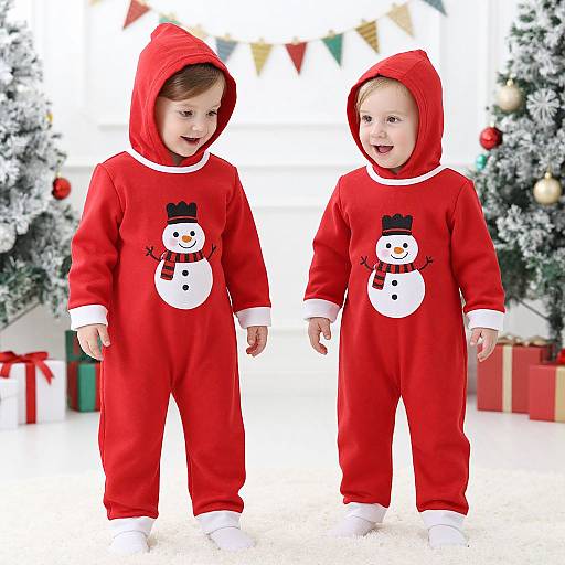 Photograph of two smiling toddlers in red snowsuit onesies with snowman prints, standing in a festive, snow-covered Christmas setting.