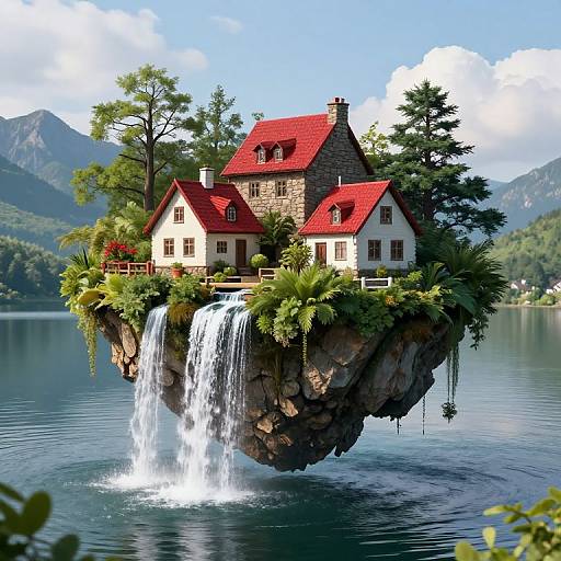 Surreal Floating Island with Waterfalls