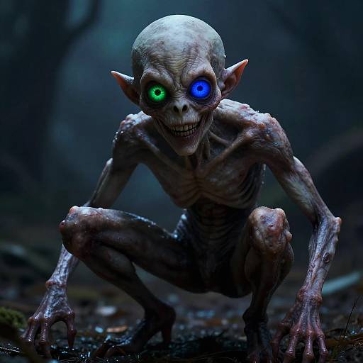 Digital CGI of a menacing, skeletal humanoid with glowing green and blue eyes, crouching in a dark, eerie forest.