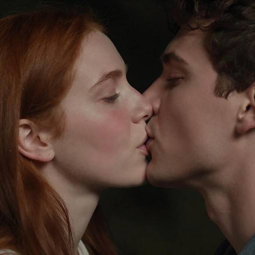 Intimate Close-Up: Redhead and Dark-Haired Kiss