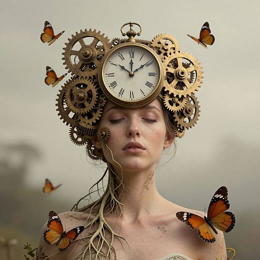 Photograph of a pale-skinned woman with closed eyes, wearing a clock and gear headpiece with orange butterflies, against a blurred outdoor background.