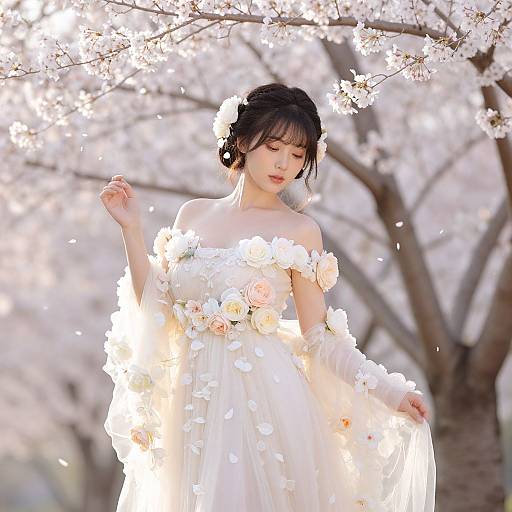 Digital artwork of an Asian woman with black hair in an off-shoulder white dress adorned with pink roses, surrounded by cherry blossoms in a sun