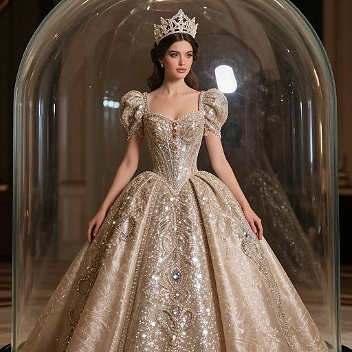 Photograph of a fair-skinned woman with dark hair, wearing a glittering, puffed-sleeve, gold ball gown and silver tiara