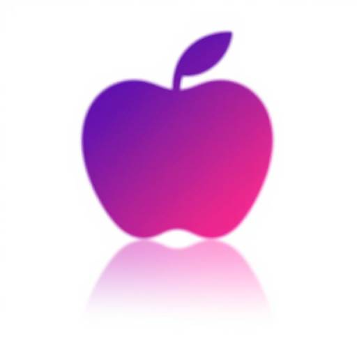 Digital gradient apple icon with purple to pink hues, featuring a single leaf and reflected shadow on white background.