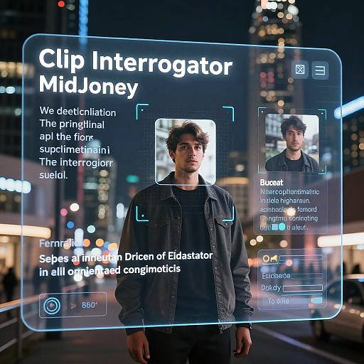 Photograph of a young man in a city night scene, with a digital interface overlay showing 