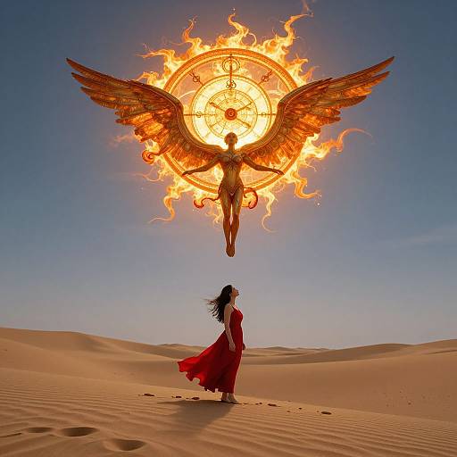 Photograph-like digital art: Woman in red dress gazes at fiery, winged sun deity in desert sky, with dunes below.