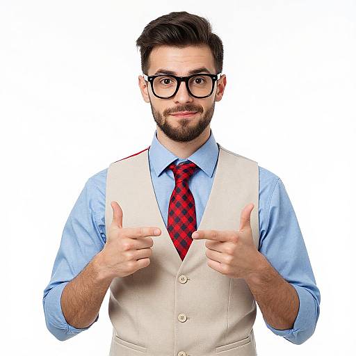 Photograph of a bearded, dark-haired man with black-rimmed glasses, blue shirt, red checkered tie, beige vest, giving thumbs