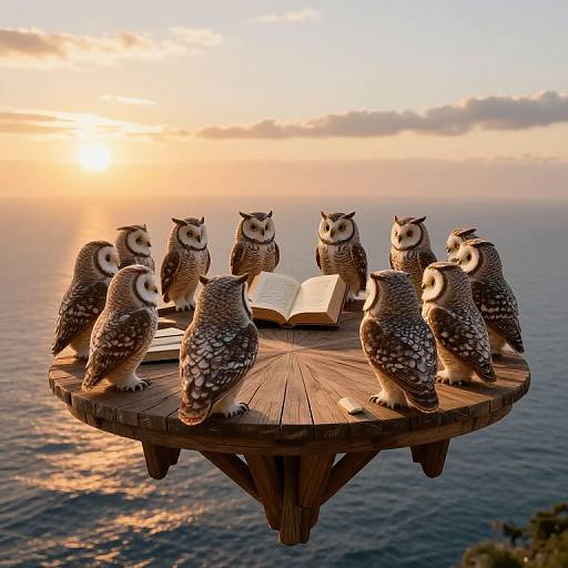 Photograph of eight detailed owl statues, standing on a wooden platform, surrounding an open book, overlooking a sunset ocean horizon.