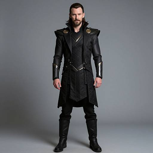 Photograph of a tall, bearded man with dark hair, wearing a black, armored, long coat, mesh shirt, and boots against a gray