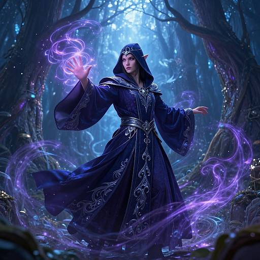 Digital fantasy artwork of a dark-robed, elf-like woman casting a glowing purple spell in a mystical, blue-lit forest. Ethereal energy swirl