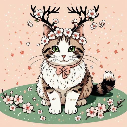 Whimsical Cat with Cherry Blossom Antlers