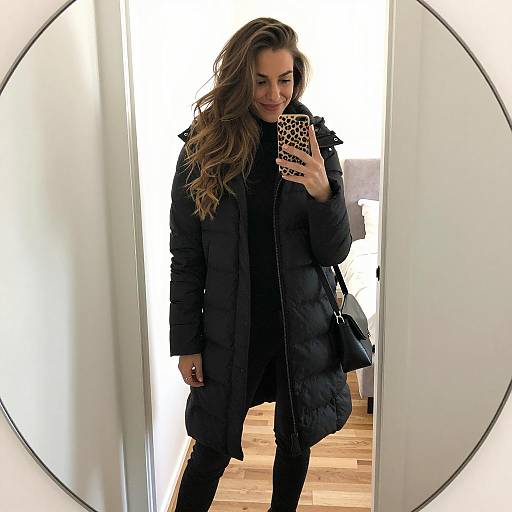 Woman Taking Mirror Selfie in Black Winter Coat