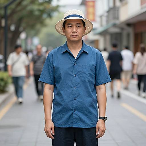 Photograph of an Asian man with medium build, wearing a blue shirt, black pants, and a white straw hat, standing on a busy urban sidewalk