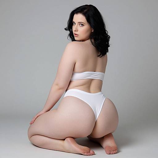 Photograph of a curvy, pale-skinned woman with black hair, kneeling in white thong bikini, looking back over her shoulder, against a