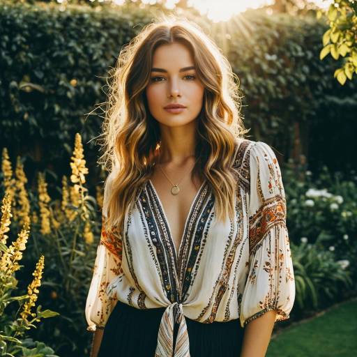 Fashion Model with Balayage Hair in Bohemian Blouse