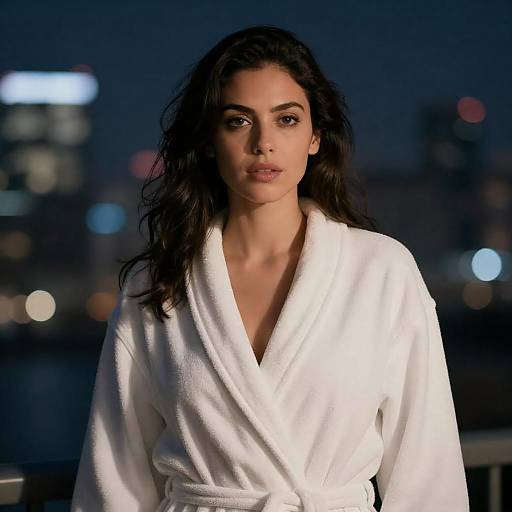 Woman in White Bathrobe at Night