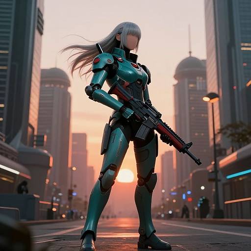 CGI image of a silver-haired, armored female soldier with a futuristic rifle, standing in a sunset-lit, futuristic city street.