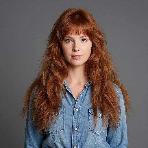 Photograph of a fair-skinned woman with long, wavy red hair, wearing a blue denim shirt, against a plain gray background.