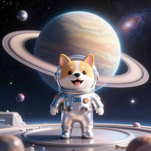 Cute digital illustration of a Shiba Inu in a silver spacesuit standing on a space station, with a large planet and rings in a star