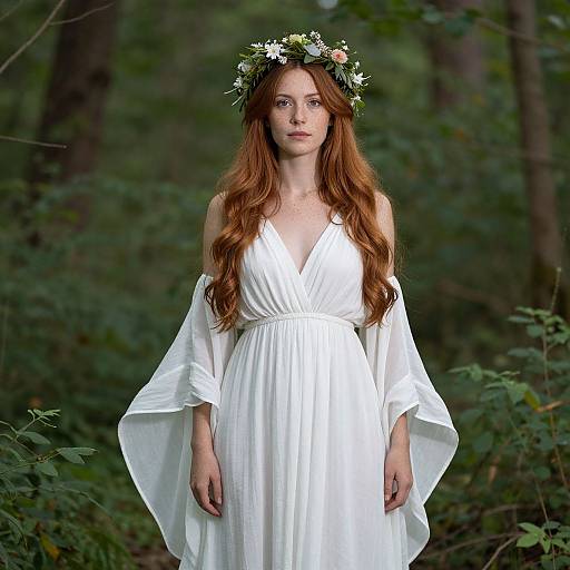 Photograph of a young woman with long red hair, wearing a white, off-shoulder dress and a floral crown, standing in a lush green