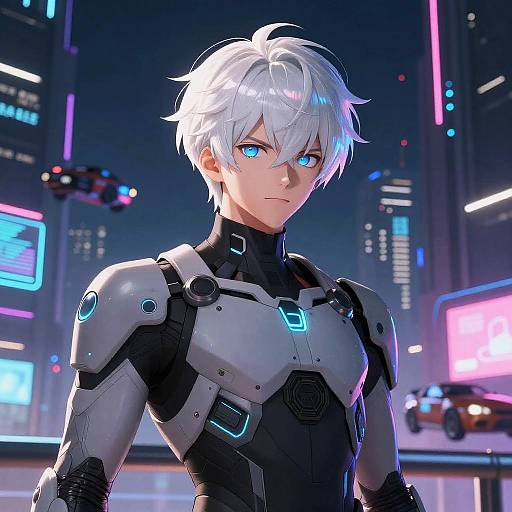 Digital anime-style illustration of a white-haired, blue-eyed young man in a futuristic, white and black armored suit, standing in a neon-lit,