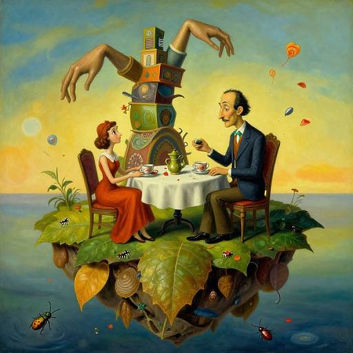 Whimsical painting of a man and woman in formal attire, dining on a floating leaf island with a surreal, steampunk tower, surrounded by