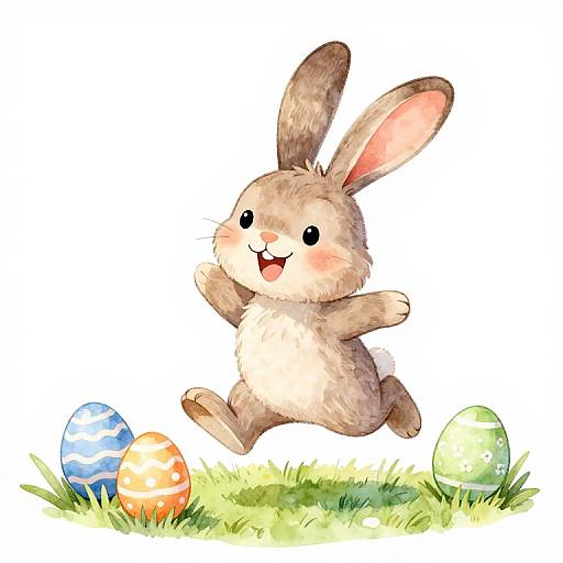 Cute, brown, cartoon bunny with pink ears and white belly, jumping joyfully on grass, surrounded by colorful Easter eggs. Digital drawing.