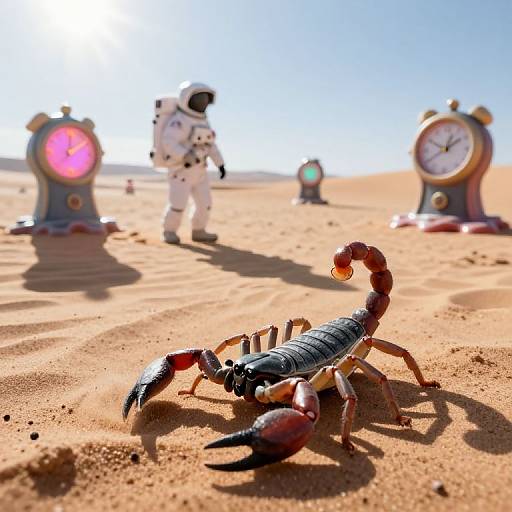 Photograph of a detailed scorpion in the foreground on a sandy beach, with a blurred astronaut in space suit and two clock-like structures with glowing faces