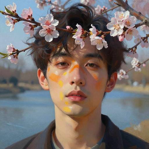 Surreal Portrait with Peach Blossoms