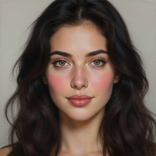 Photorealistic portrait of a young woman with long, wavy dark brown hair, green eyes, pink blush, and neutral pink lips, set against