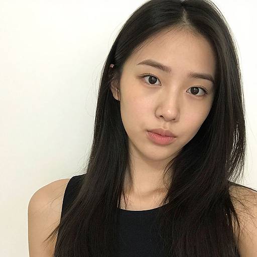 Photograph of an Asian woman with long black hair, wearing a black sleeveless top, against a plain white background. She has fair skin, brown
